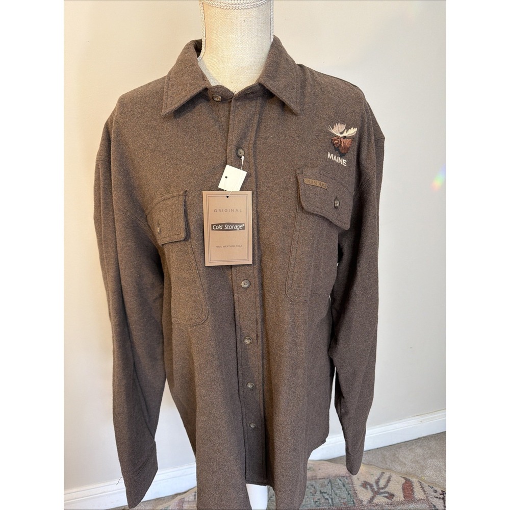 Men's 100% Cotton Heavy Flannel Brown Button Down Large Shirt Embroidered Maine